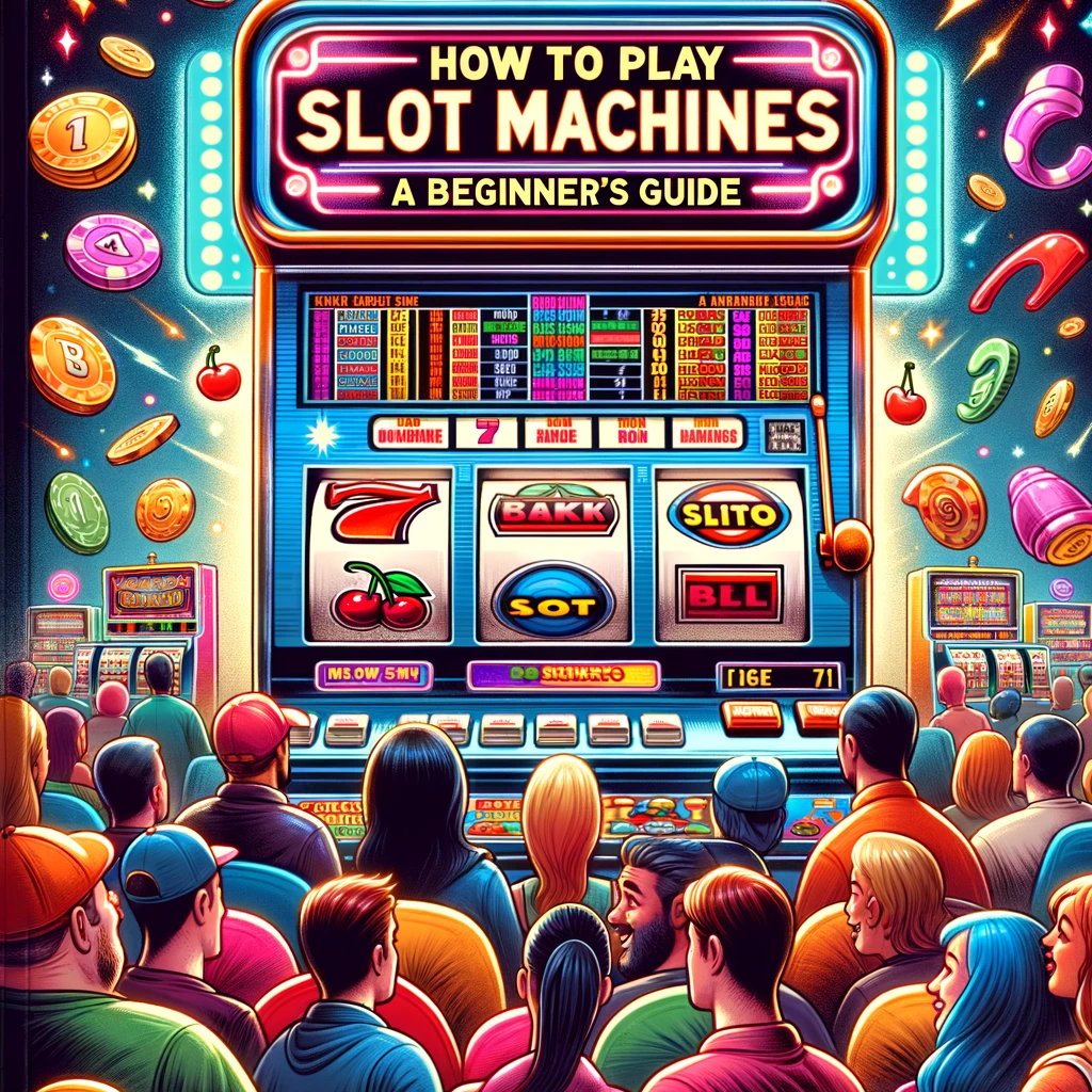 A vibrant cover of a guide showing a colorful slot machine with symbols like cherries, bells, and 7s. Around it, diverse people express excitement as they watch the spinning reels.