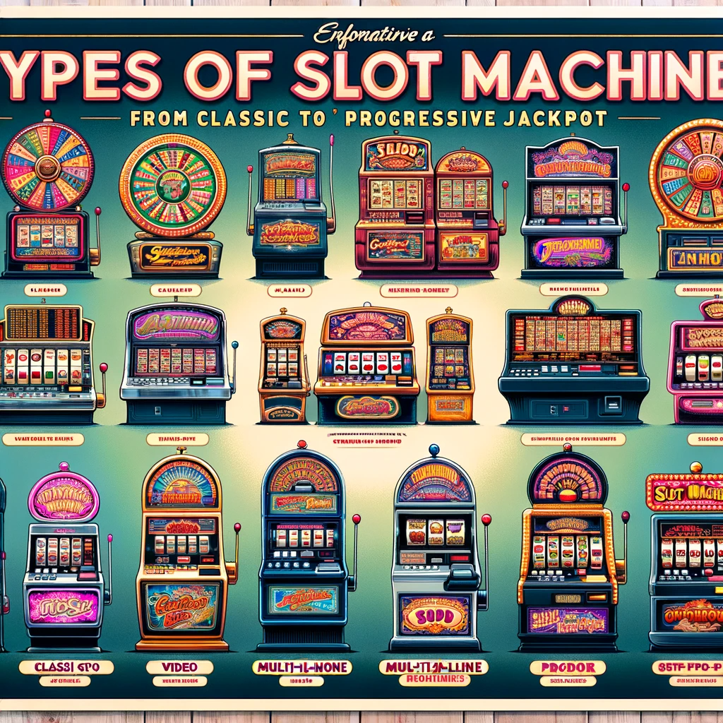 An educational poster depicting various types of slot machines, including classic, video, multi-line, and progressive jackpot machines, each with unique designs and themes.