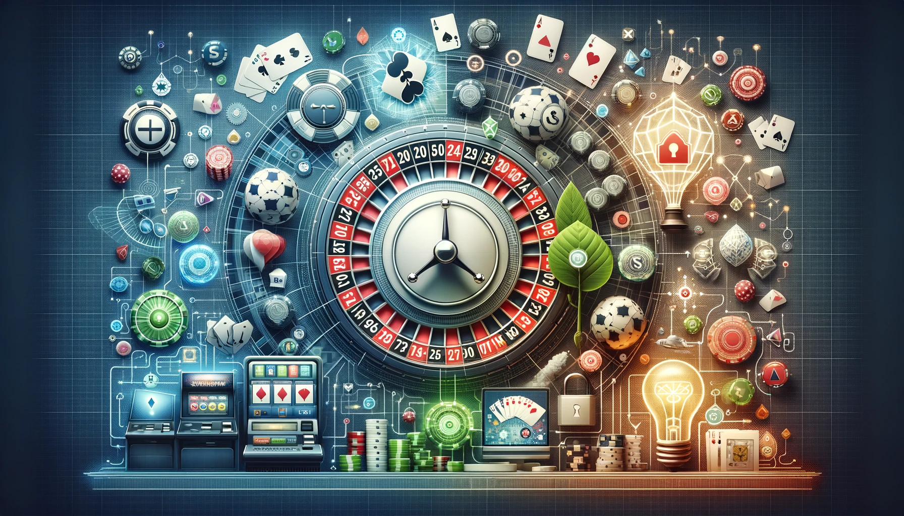 An image combining elements of online casinos, like a digital roulette wheel and slot machines, with symbols of safety and smart decision-making, such as a shield and a light bulb.