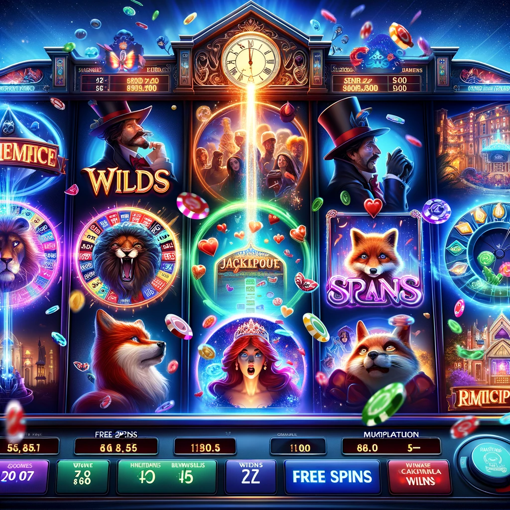"Online casino slot machine interface with vibrant symbols, highlighting features like free spins and progressive jackpot."