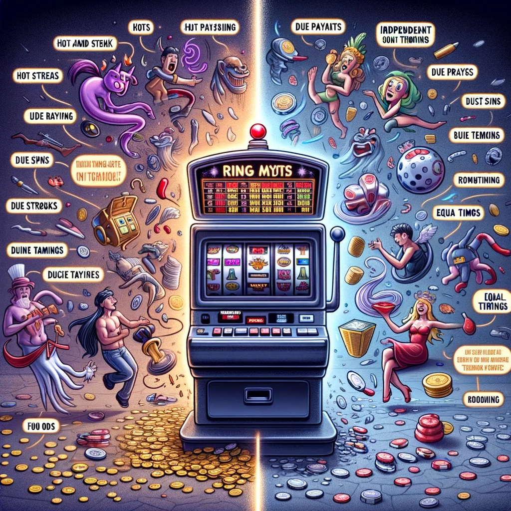 "Illustration contrasting slot machine myths with facts, showing whimsical myths and clear factual annotations on RNG and odds."